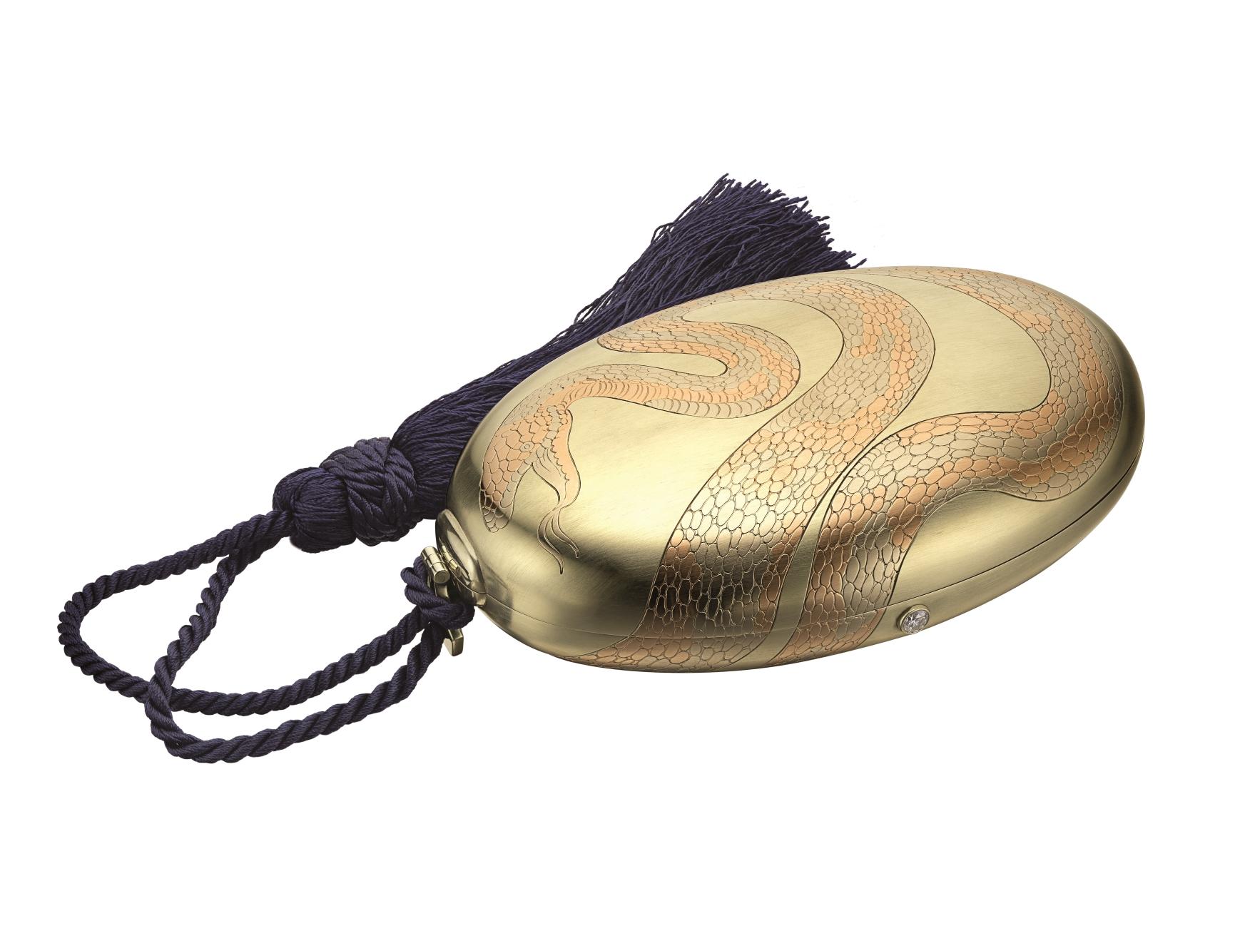 Serpenti evening bag in three-color gold with silk cord and diamond, ca. 1978. Bvlgari Heritage Collection.jpg